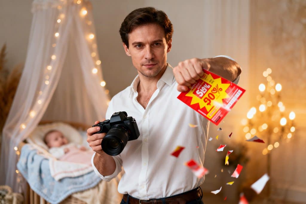 fotograf de botez tinand o camera foto si rupand un flyer cu reduceri de pret intr-o camera de bebelus cu patut si lumini calde. imagine generata cu AI in scop ilustrativ.